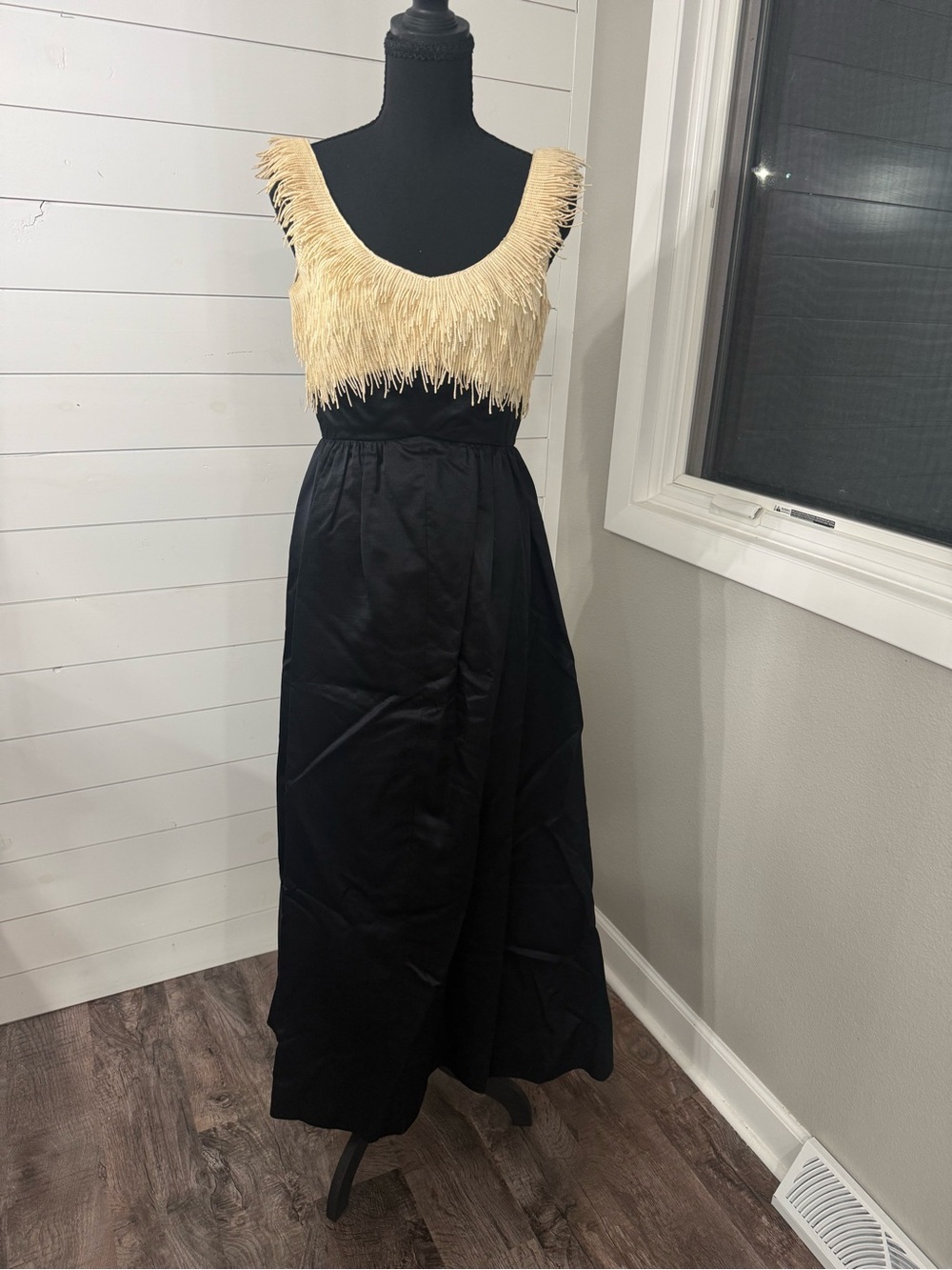 Vintage 1960s Mari for I. Magnin Black Silk Gown Ivory Sculptural Fringe XS/S